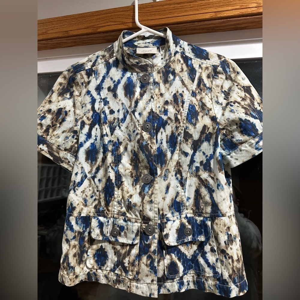 Chico’s Women’s Jacket Blue Brown Abstract Print Button Front Light Blazer